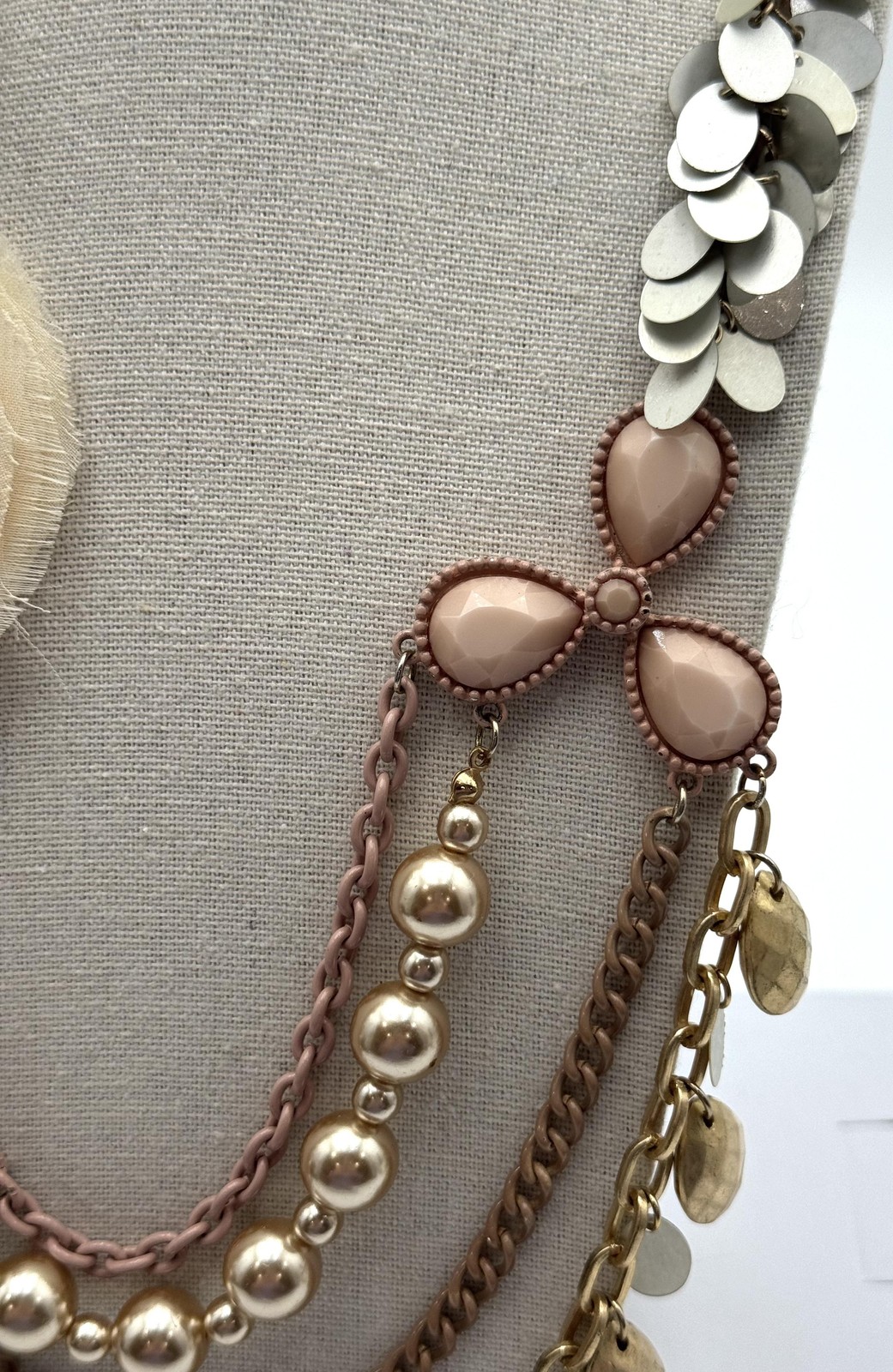 Statement Bib Necklace Multi Strand Gold Tone Pink Beads Flower Fabric Petals