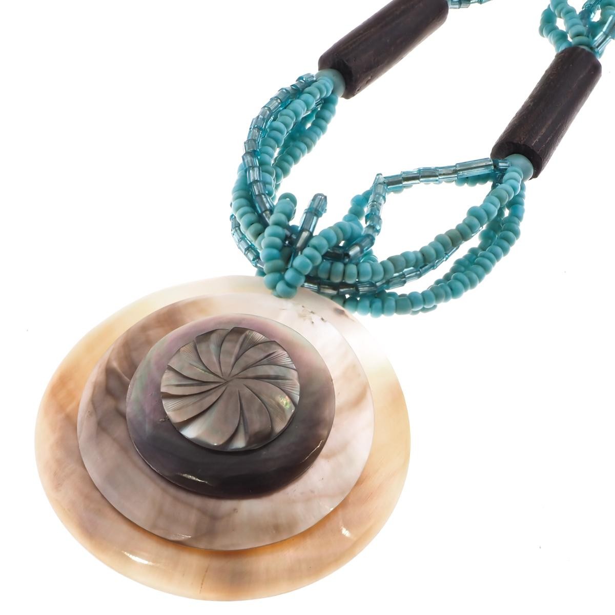 45mm Mother Of Pearl Shell Turquoise Glass Seed Beads Necklace, 19″