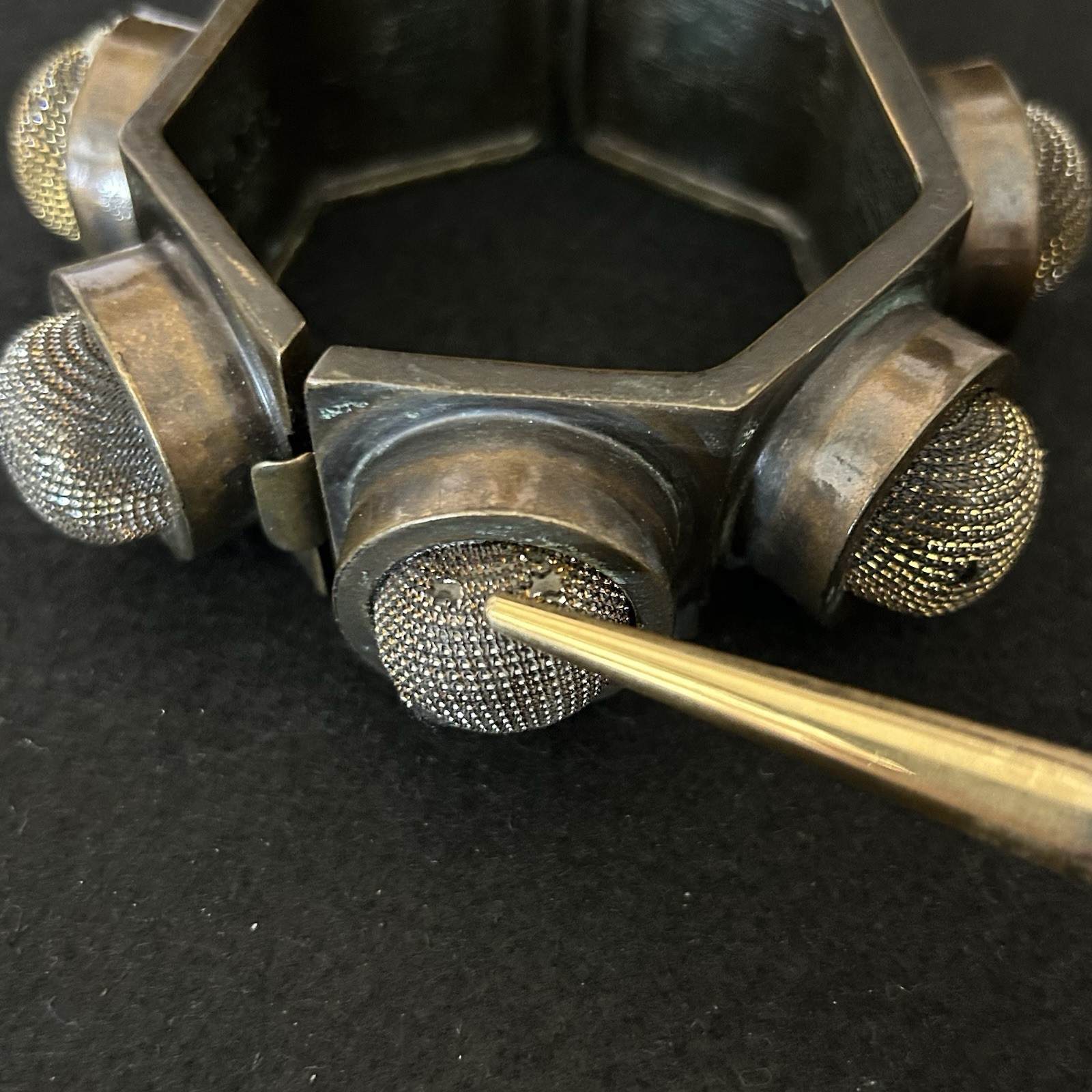 Vintage Industrial Punk Bracelet Gunmetal Mesh Stud Hinged Bangle Grunge Mic