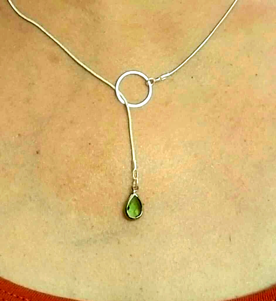 Sterling Silver Lariat Necklace Silver Peridot Necklace Simulated Peridot Pendan
