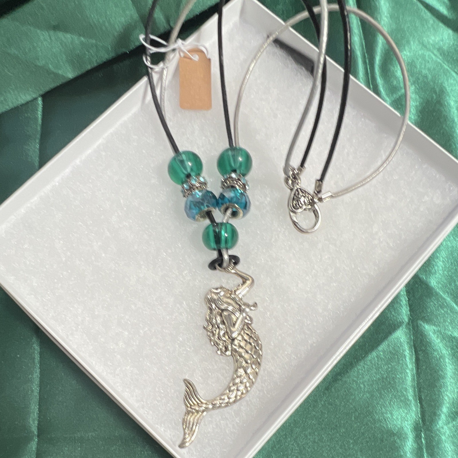 Necklace, leather, green blue glass, crystal Sterling, silver, mermaid, clasp.