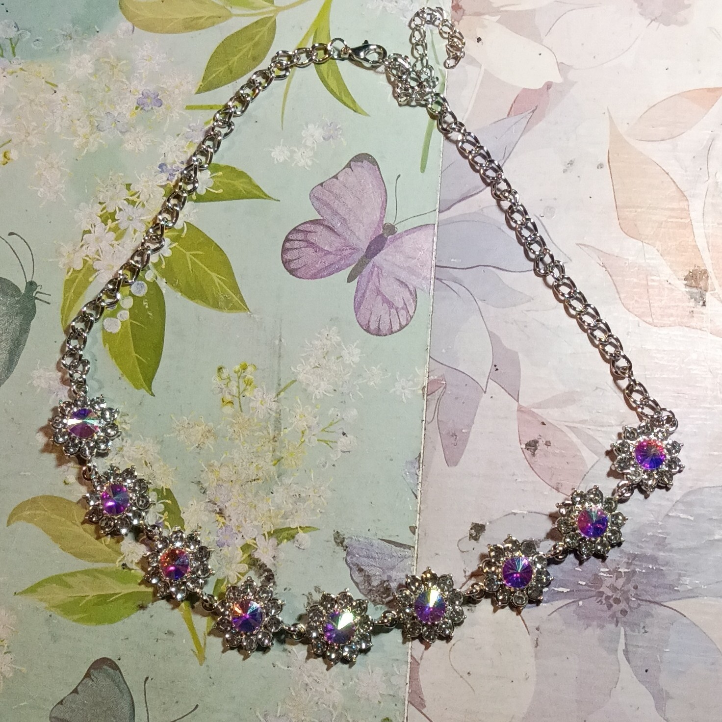 Silver Tone Purple Crystal Rhinestone Flower Station Cable Chain Necklace