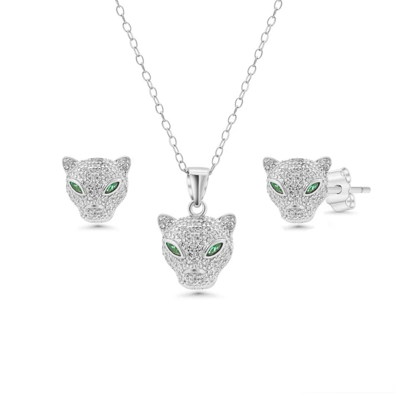 Solid 925 sterling silver panther green emerald eye necklace & earring set