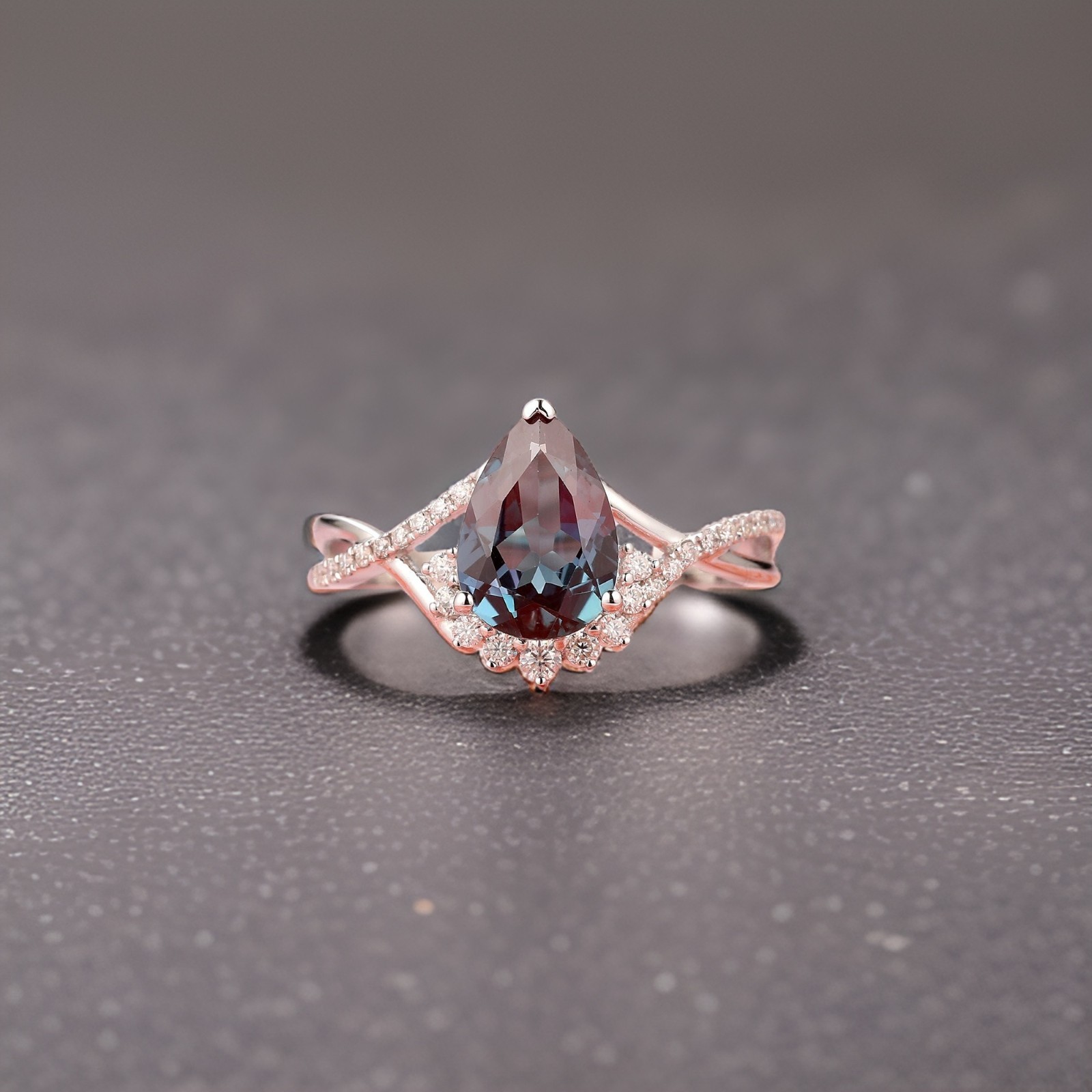 925 Sterling Silver Pear Cut Alexandrite With CZ Handmade Ring, June birthstone