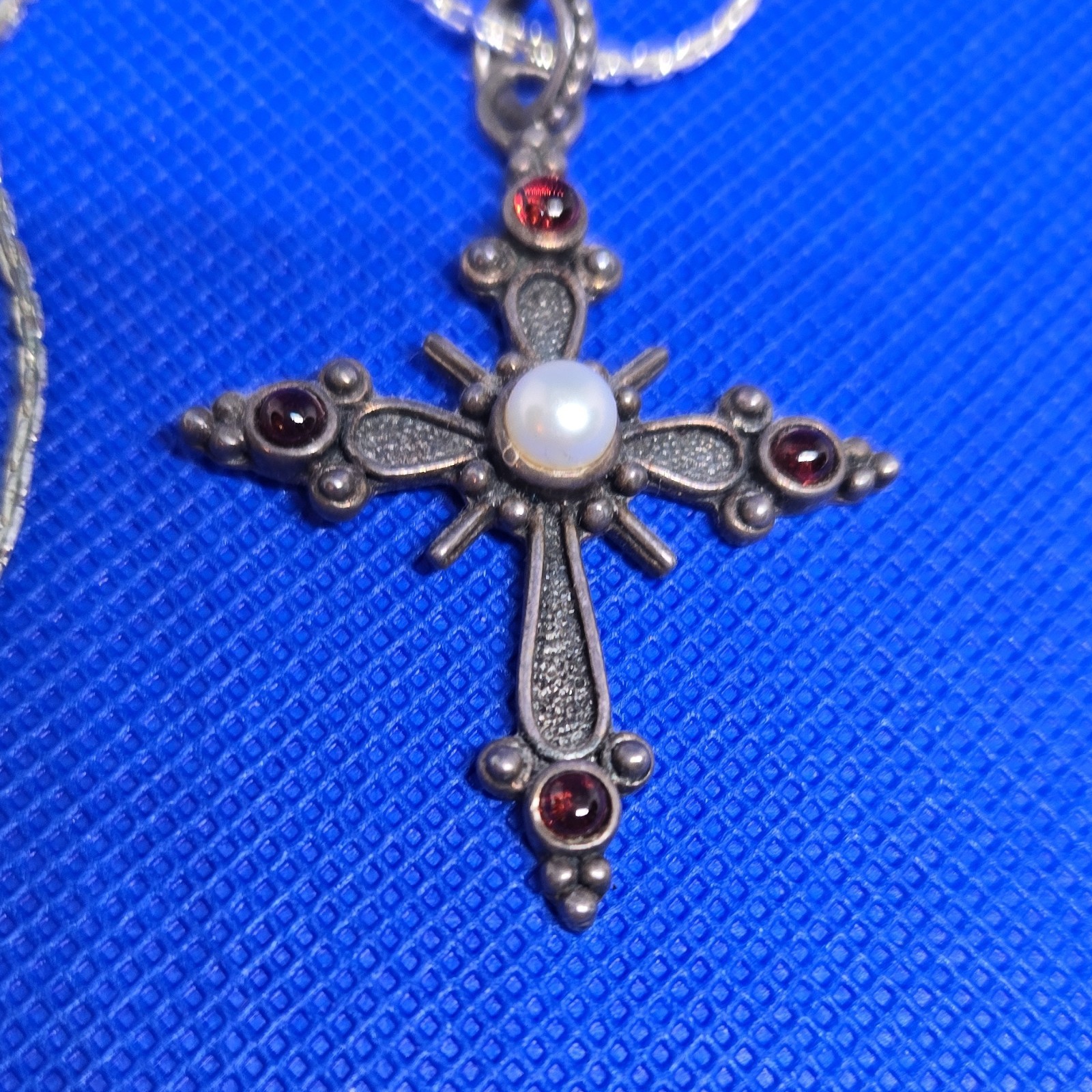 Silver-Tone Cross Pendant Necklace w/ Pearl Center & Garnet Accents