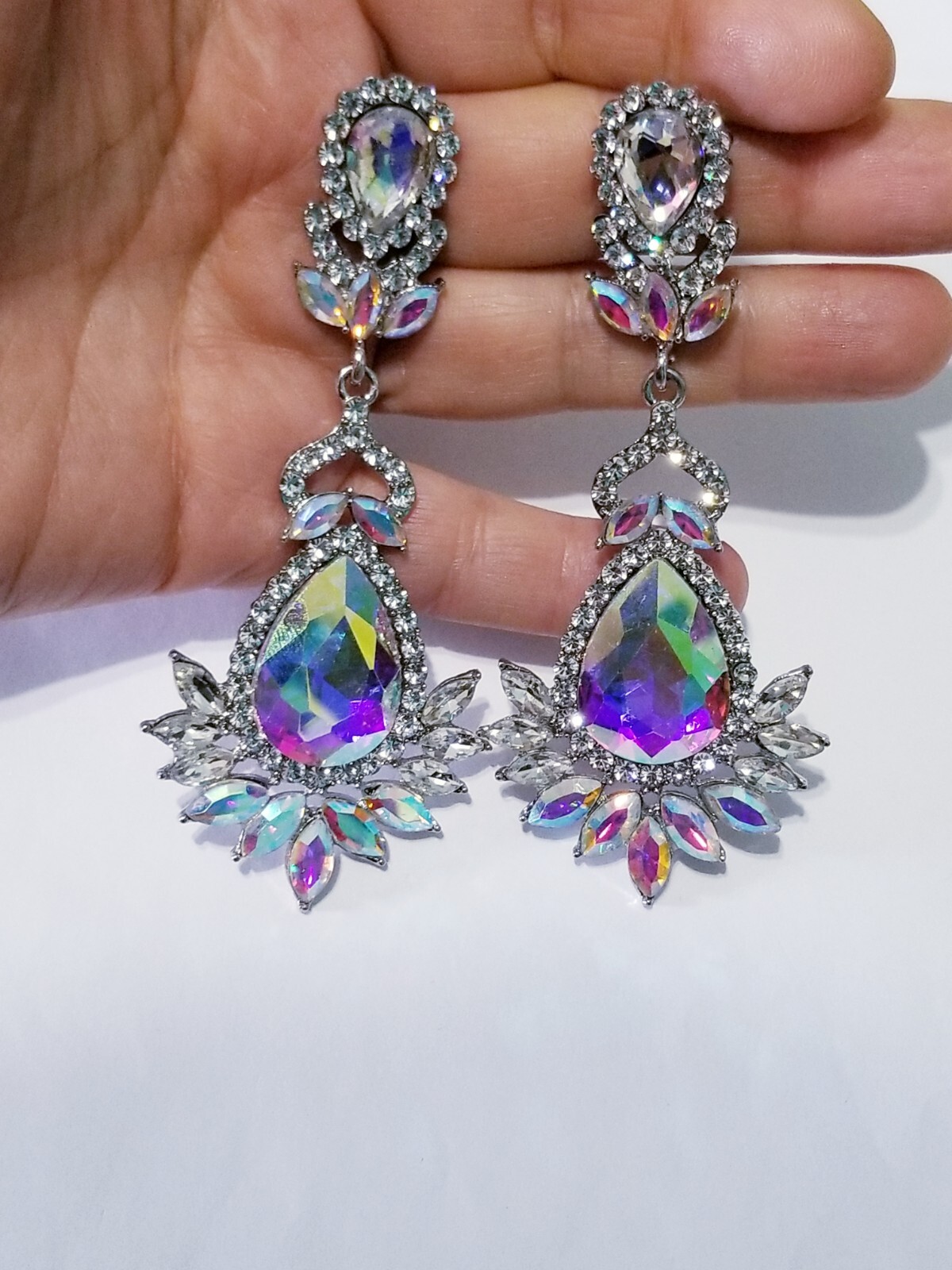 AB Drop Dangle Chandelier Rhinestone Crystal Pageant Bridal Earrings 3.9 Inch