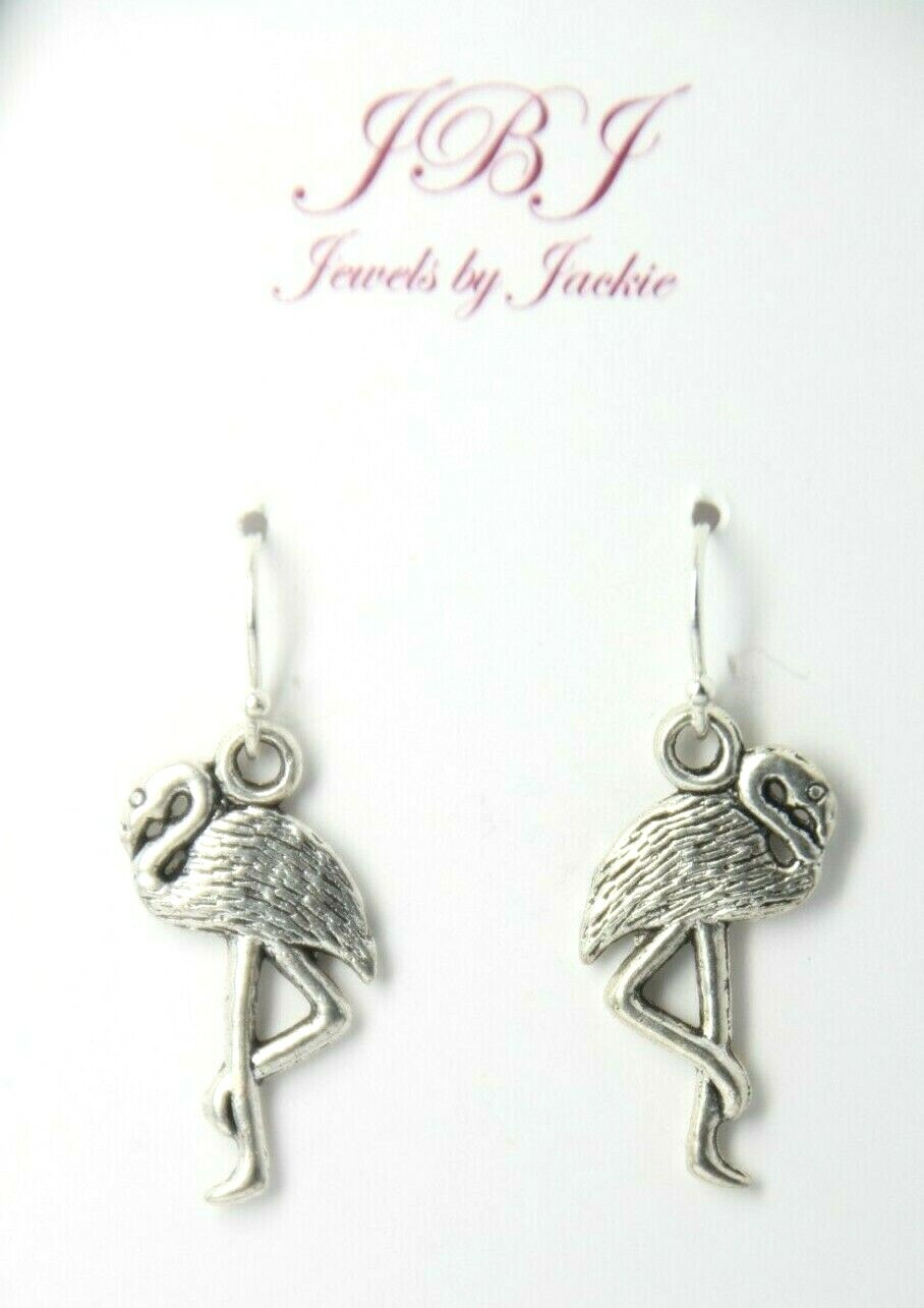 Flamingo Charm Earrings 925 sterling silver hooks pewter charms Bird theme