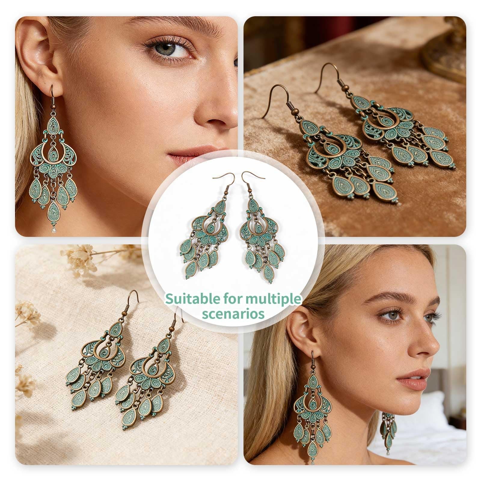 Bohemian Vintage Bronze Chandelier Teardrop Flower Geometry Dangle Drop Earri…