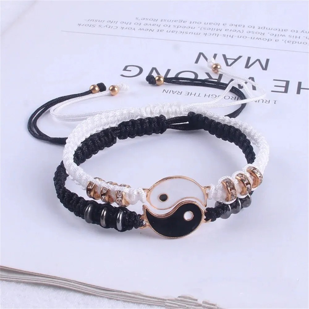 Couple Yin Yang Tai Chi Bracelets Black White Adjustable Rope Jewelry Set