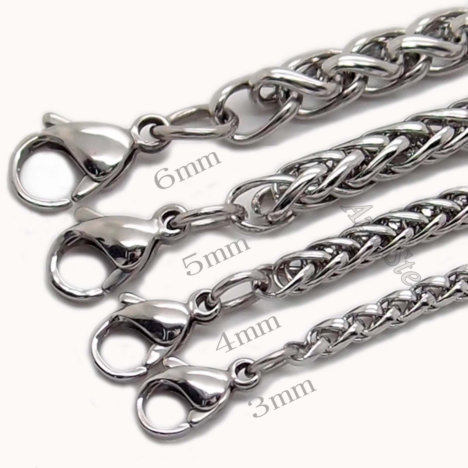 3/4/5/6MM 18-36″ MENS Silver Stainless Steel Wheat Braided Chain Necklace