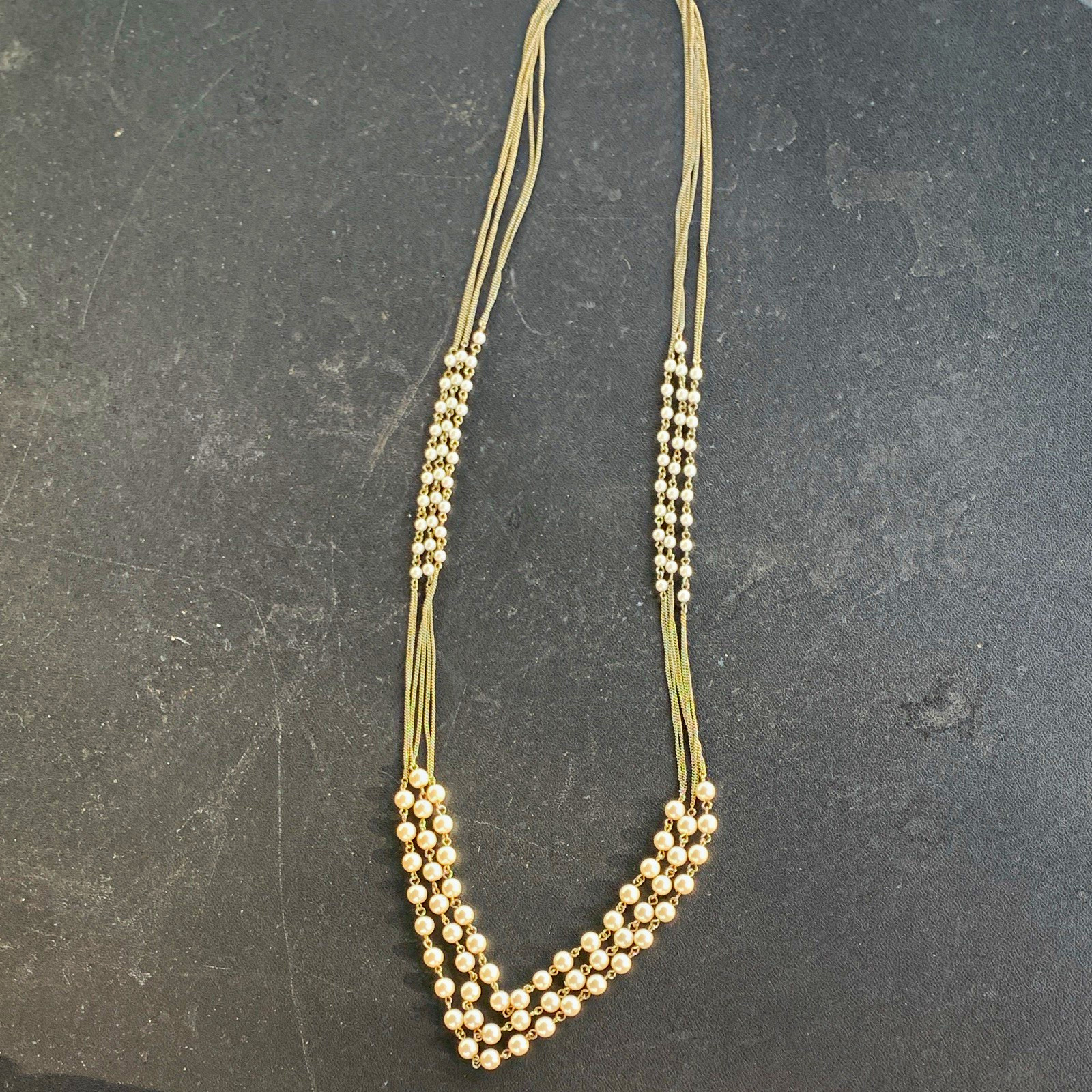 Multi-Strand Gold Tone Metal Cream Beaded Layered Fashion Necklace