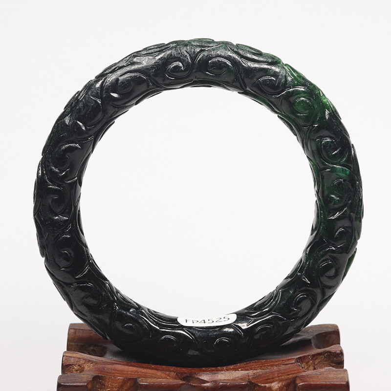 59mm Natural Black Green Jadeite Jade Bangle Bracelet Chinese Handcarved 13628