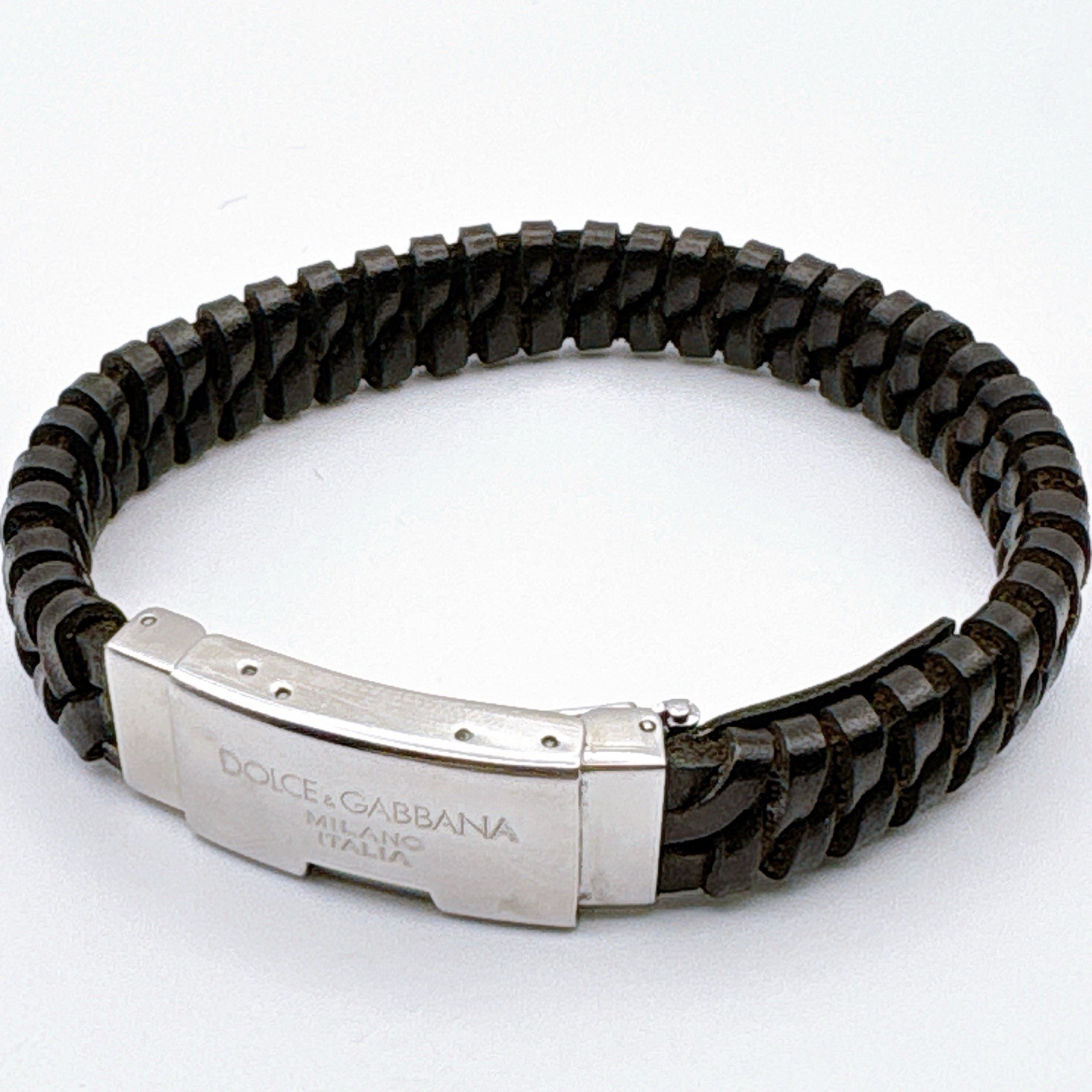 Dolce & Gabbana Braided Leather Bracelet Black Silver Clasp Made in Italy Size M