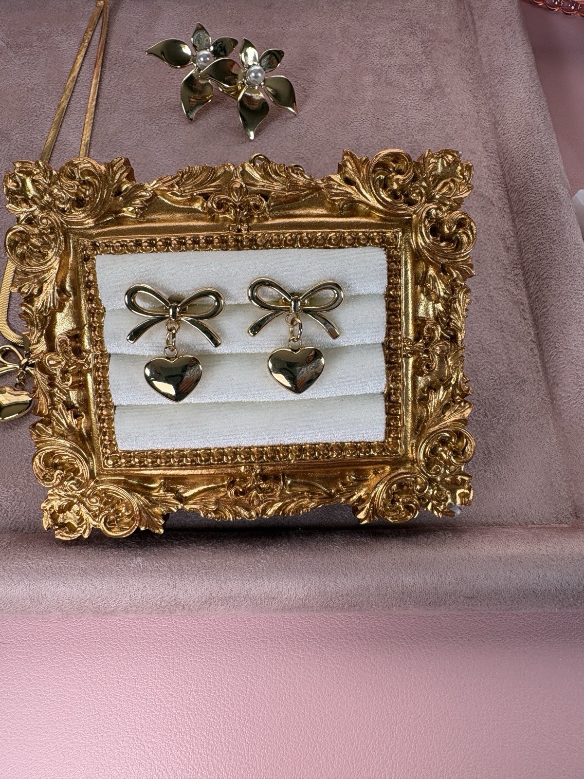 Gold Tone Bow Heart Pendant Jewelry Set Necklace Earrings Imitation Pearl CZ