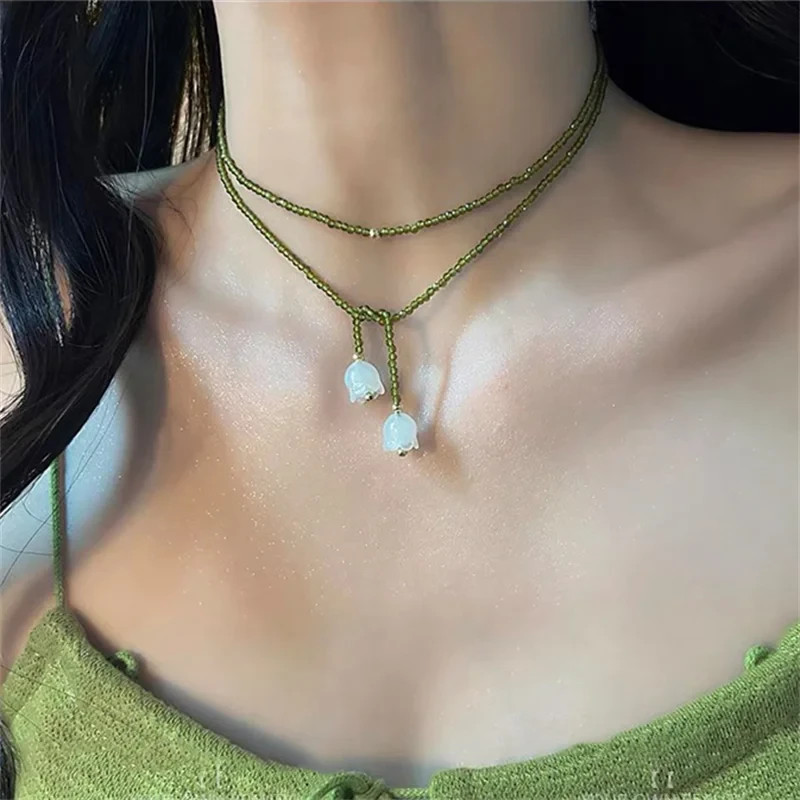 Olive Green Crystal Beaded Double Layer Lily of the Valley Necklace for Women