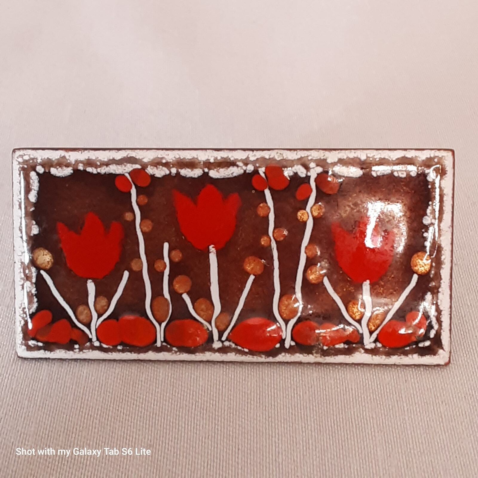 Red Tulips Brooch Textured Enamel Painted Ceramic