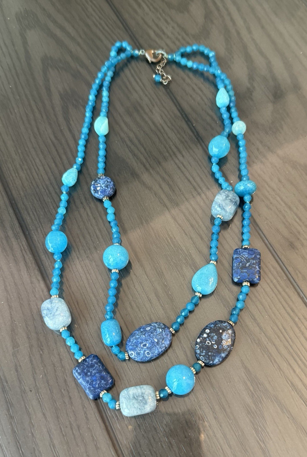 Blue Multi-Strand Round Beaded Layered Statement Necklace, Lobster Clasp