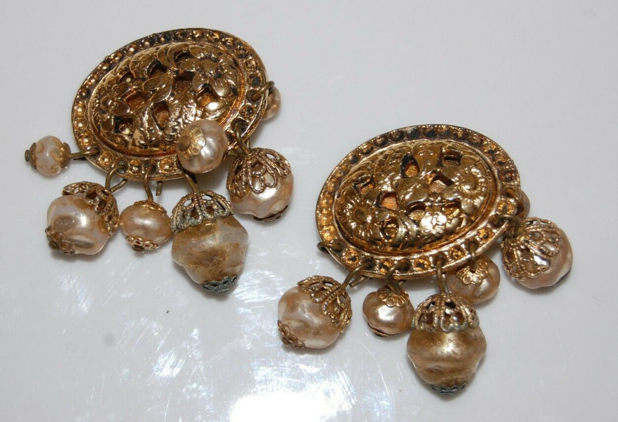 RARE ZOE COSTE PARIS VTG FAUX PEARL DANGLES GOLDEN ETRUSCAN STYLE CLIP EARRINGS