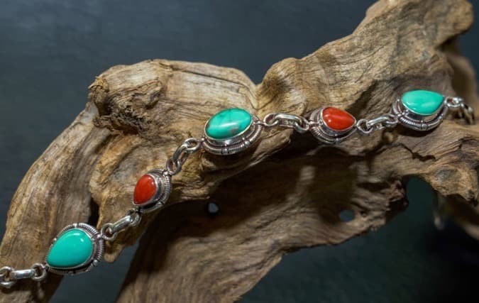Luxury Natural Turquoise & Natural Red Coral Silver 925 Bracelet