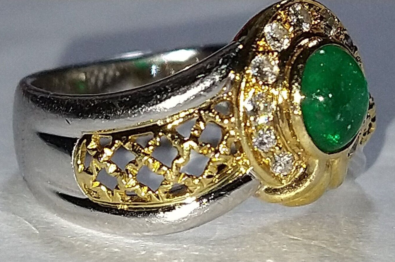 Solid heavy platinum & 18k gold 0.91 carat natural emerald diamond ring 8.76 grm