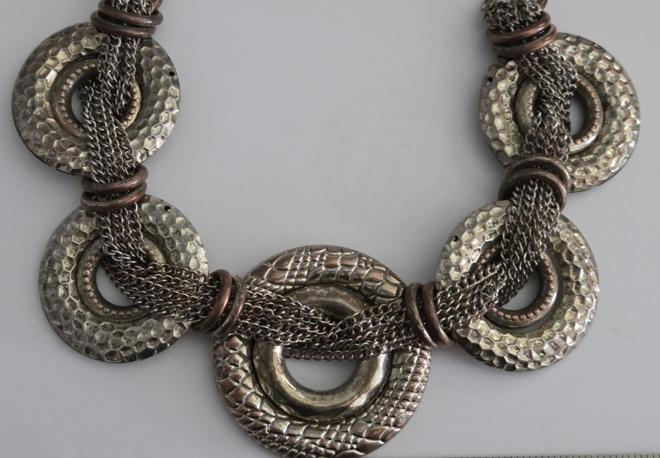 Rustic Primitive Hammered Metal Statement Necklace Chunky Circular Links Artisan