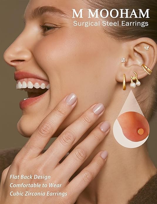 M MOOHAM 5 Pairs Plated Gold Plated Stud Earrings for Women, Hypoallergenic