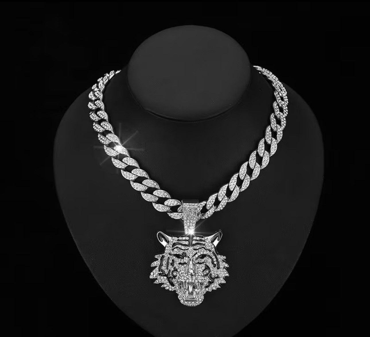Silver Cubic Zirconia Cuban Link Chain Tiger Head Pendant Necklace Box Clasp
