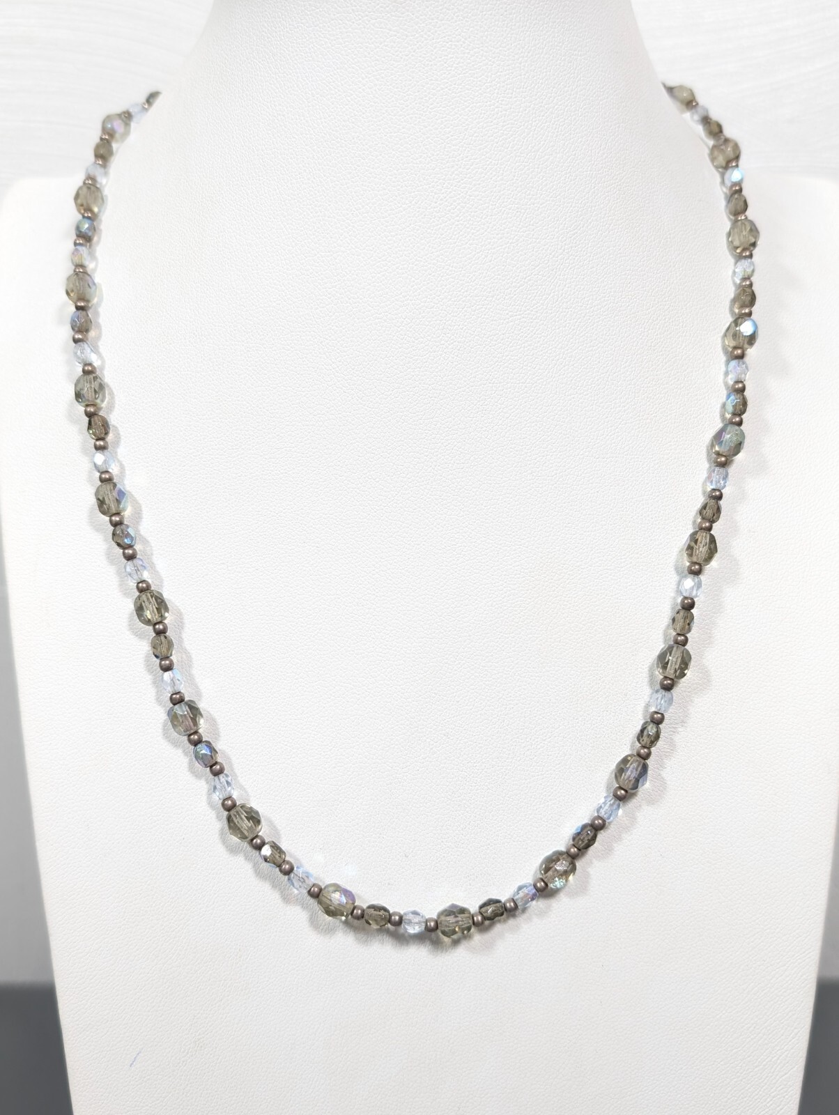 Silver Tone Gray Glass Round Beaded Toggle Necklace Beachy Coastal 19.5 in