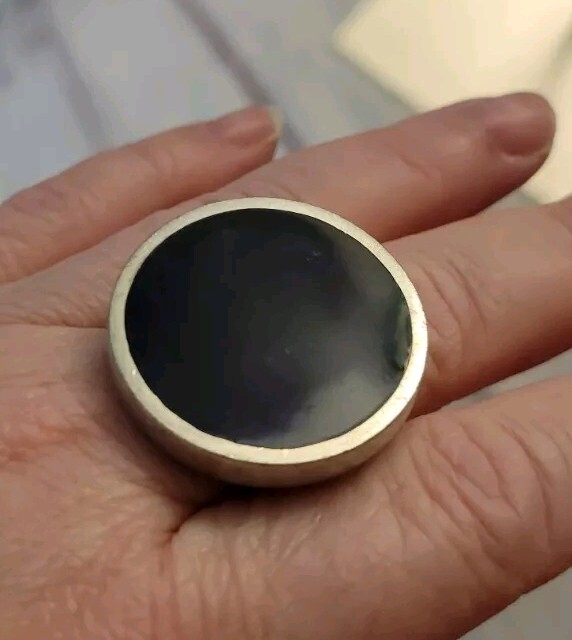 Silvertone Blue Disc Stretch Ring One Size Adjustable