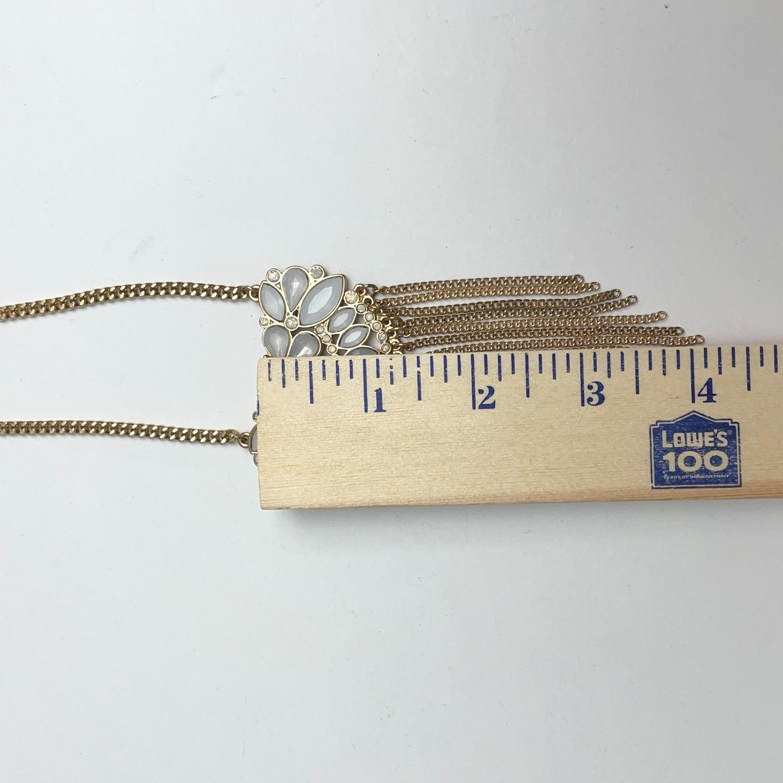 Gold Tone Long Pendant Necklace White Stones Chain Fringe Art Deco MCM