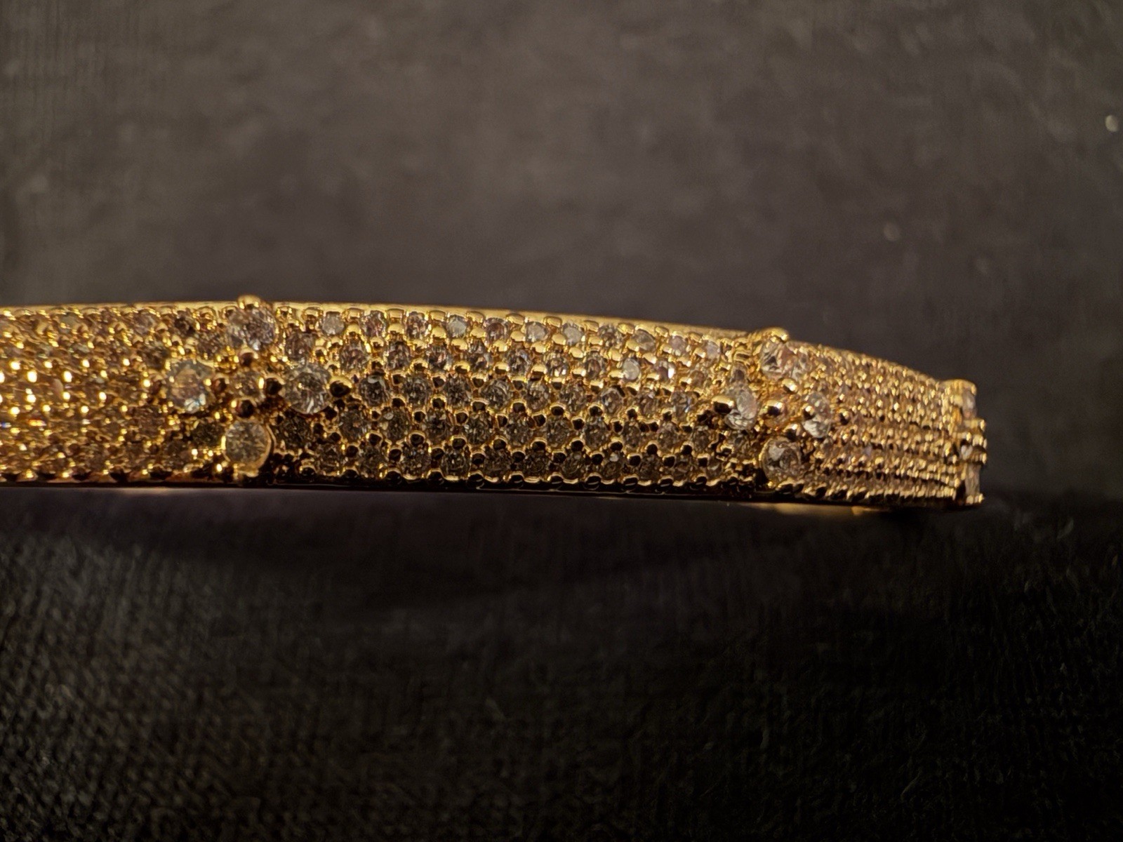 Gold Tone Pavé Crystal Hinged Bangle Bracelet w/ Round White Crystals, Stackable