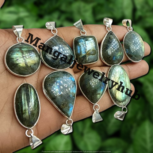 Flashy Labradorite Gemstone 5PCS Pendants 925 Silver Plated Fashion Jewelry Lot