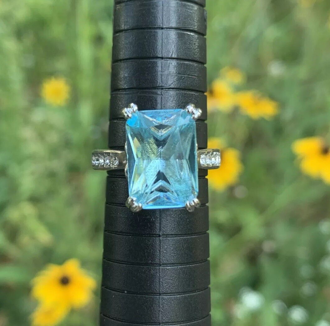Blue Topaz CZ Ring Set Size 8.5 Stainless Steel Radiant Cut Silver Tone FREE SHP