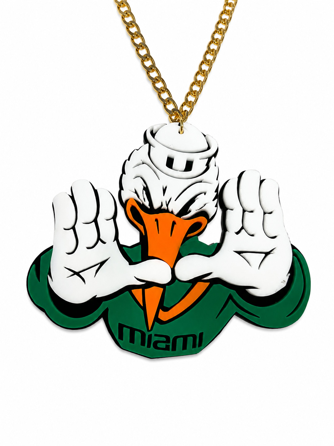 Miami Hurricanes Ibis Acrylic Fan Chain Necklace Green Orange Gold Pendant