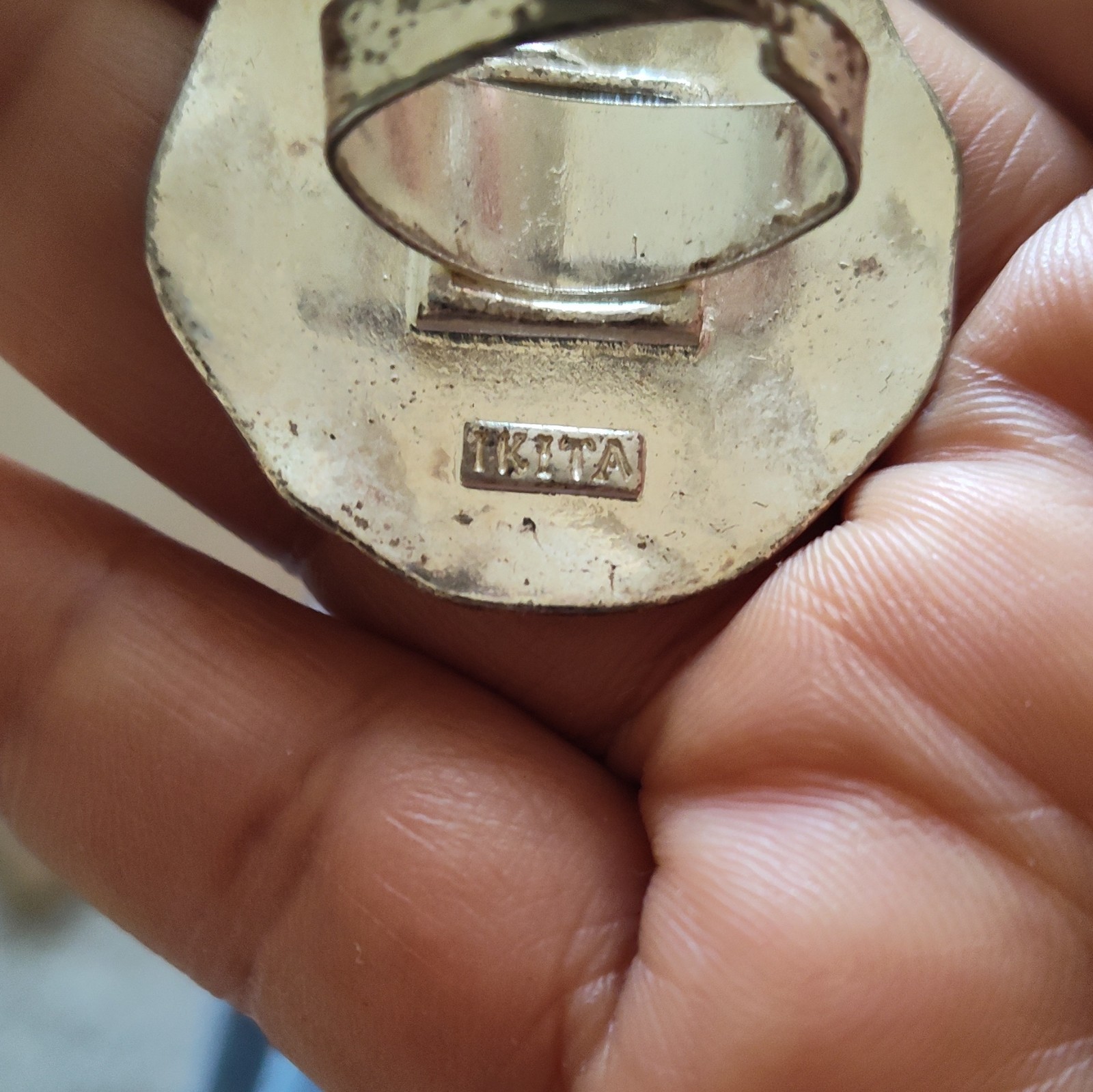 Silver Tone Octagon Statement Band Ring Signed IKITA Stamped Metal Size 7