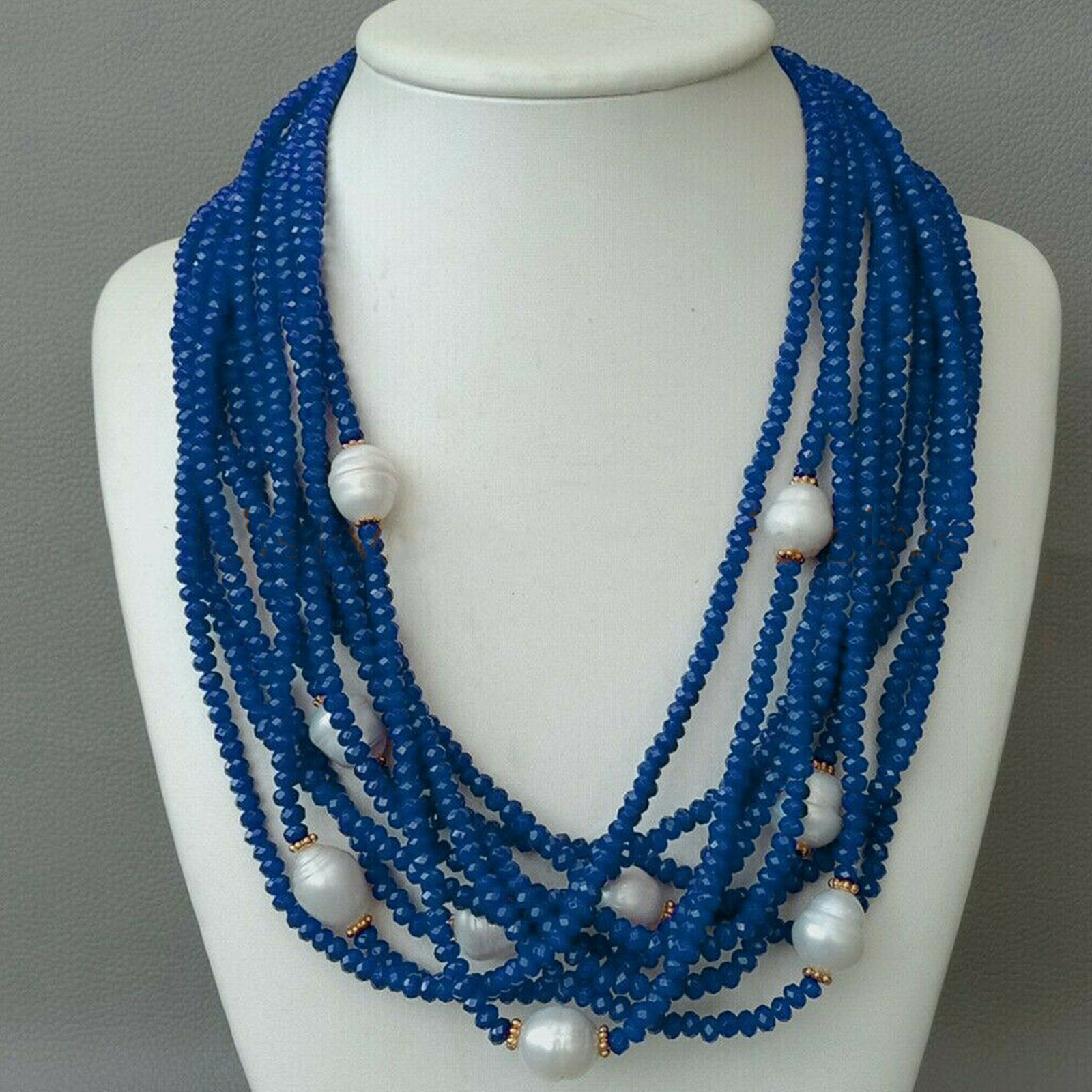 10Strands 2x4mm Faceted Blue Kyanite Gems 12-13mm White Pearl Necklace 18 in