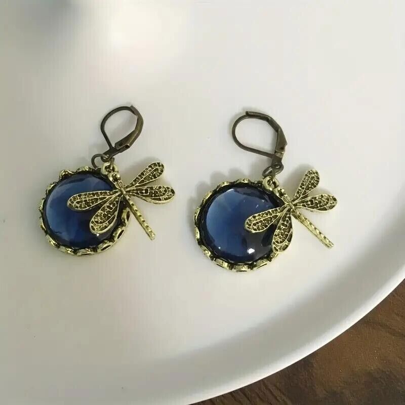 Earrings Women Vintage Boho Dragonfly Teal Blue Crystal Dangle Jewelry Party New