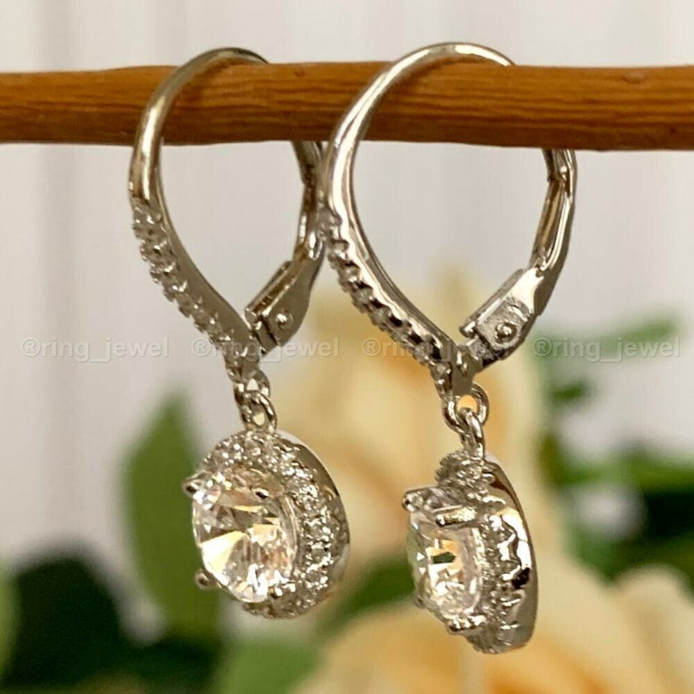 Moissanite Drop/Dangle Earrings Solid 14K White Gold 3.00 CT Round Cut For Gift