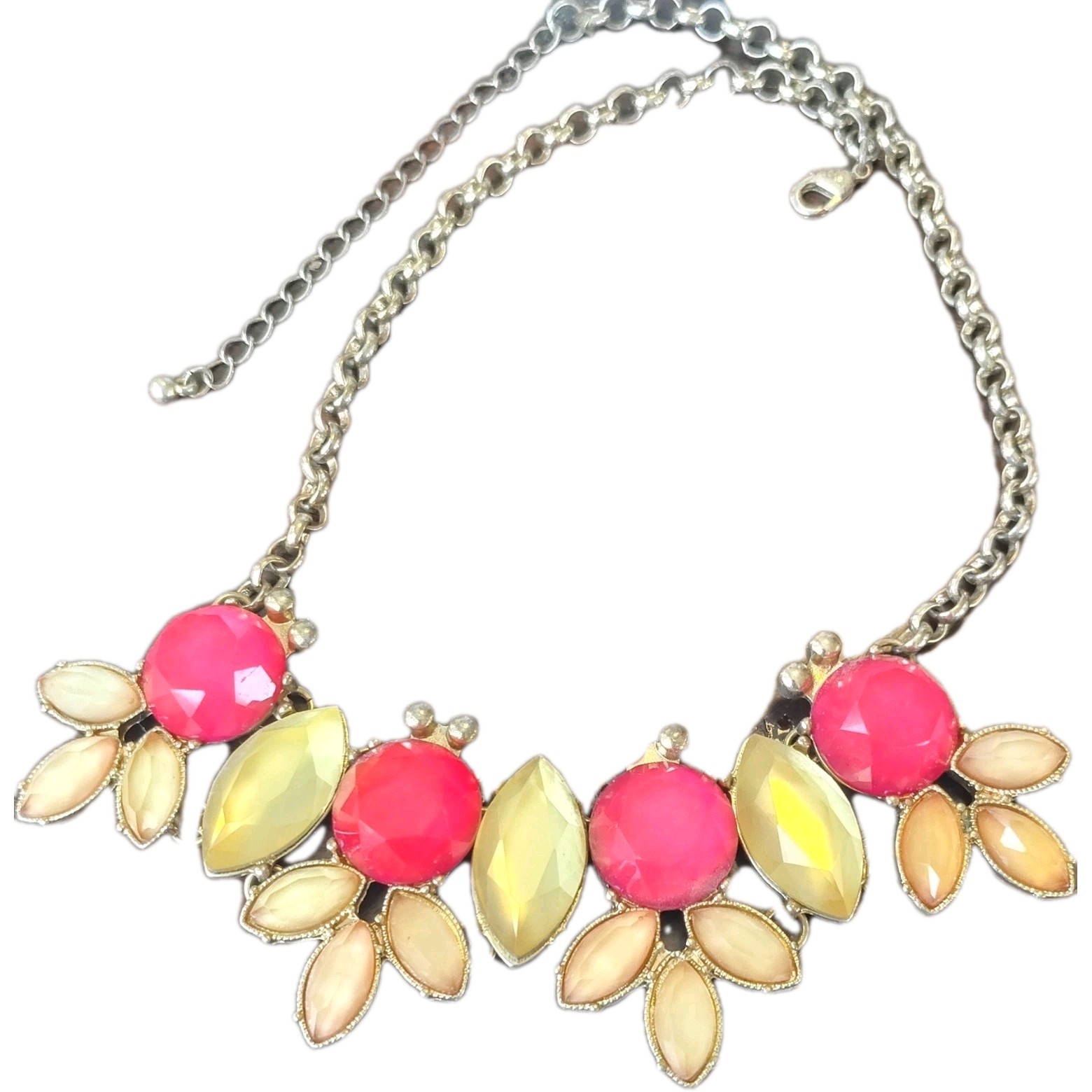 Vtg. Pink Yellow Beige Silver Beaded Statement Necklace Fashion Costume Jewelry