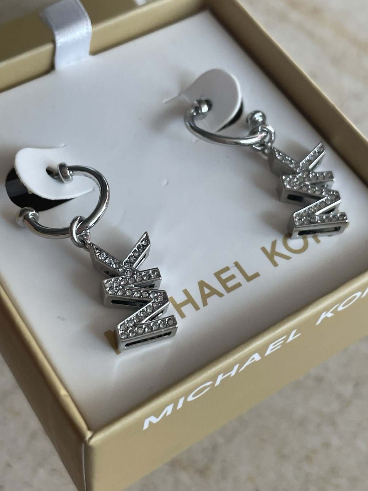 Michael KORS Silver Tone MK Logo Dangle Earrings w/Crystals NEW MKJX8008040
