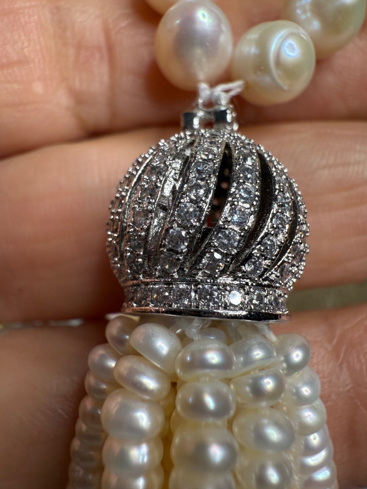 Elegant Hand-Knotted Freshwater Pearl Tassel Necklace 8.6mm 100g Rhinestone Cap
