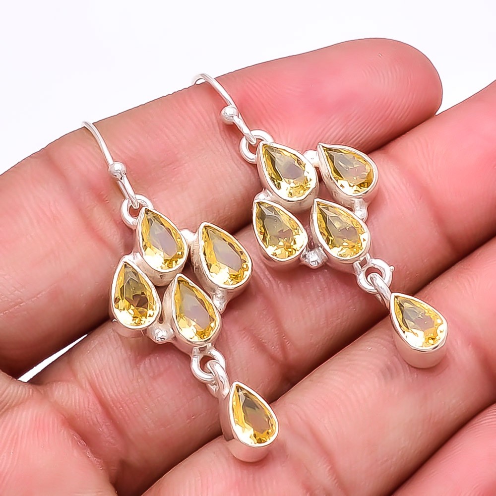 Citrine Multi Collet 925 Sterling Silver Earring 1.76″ E3, Christmas Gift