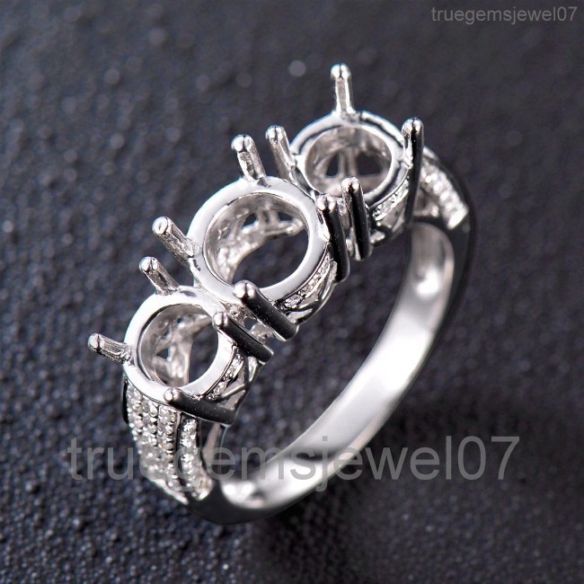 925 Silver 3-Stone Ring Setting Mount 7.5MM Round & Two 6.5MM Stones DIY Jewelry