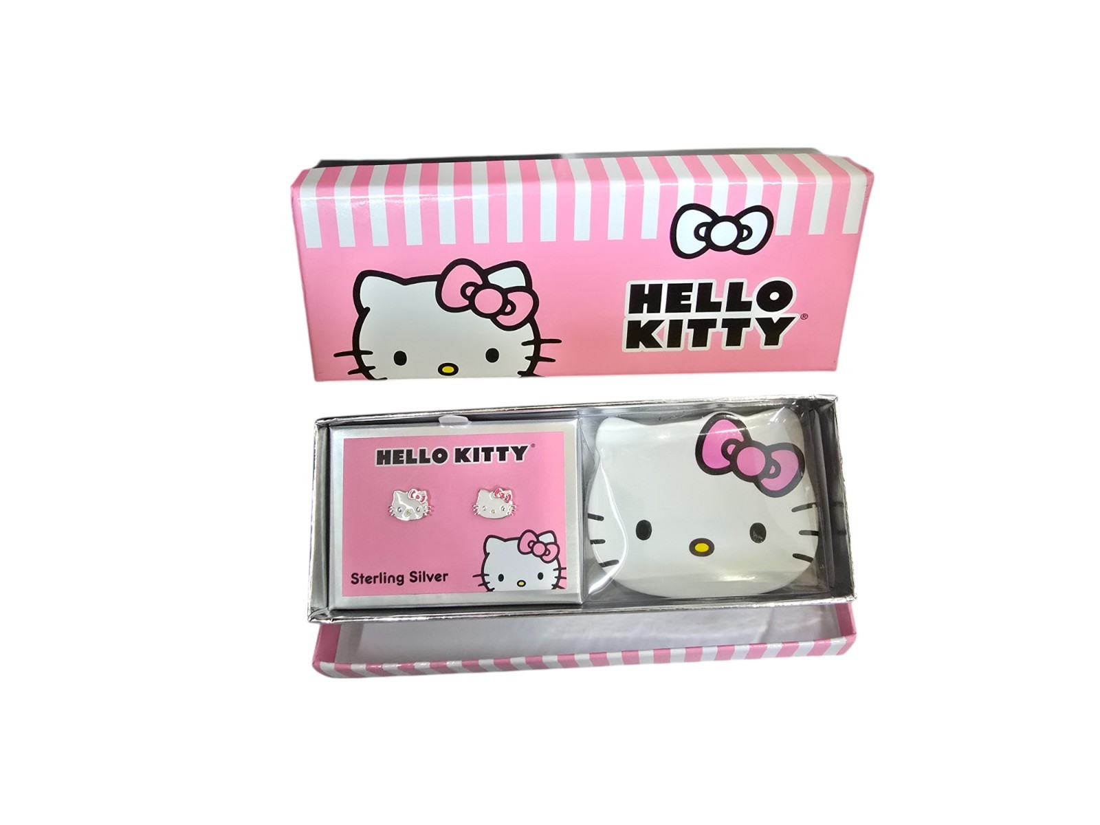 Hello Kitty 2-Pc. Set Enamel Kitty Stud Earrings in Sterling Silver & Dish NWT