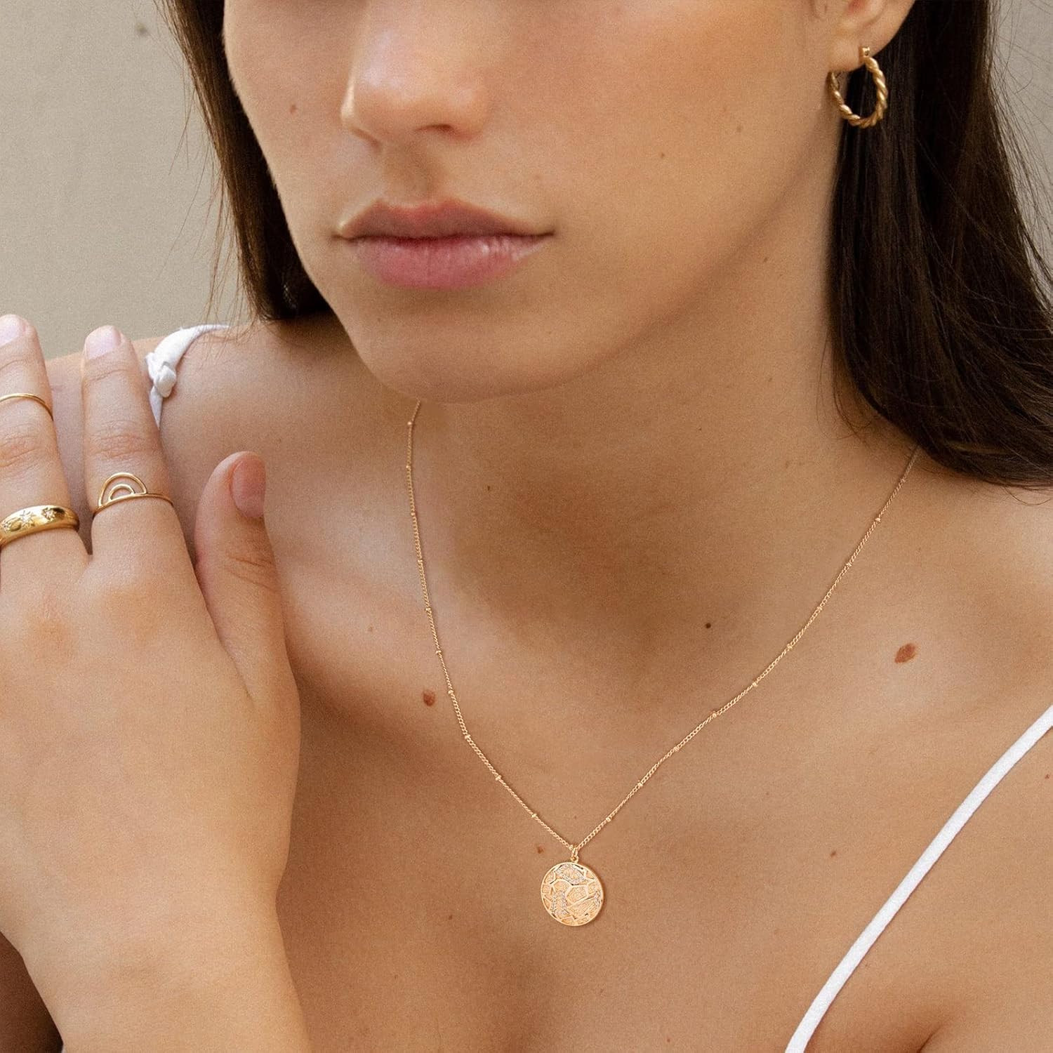 Coin Necklace 18K Gold Plated Vintage Textured Medallion Coin Pendant Round