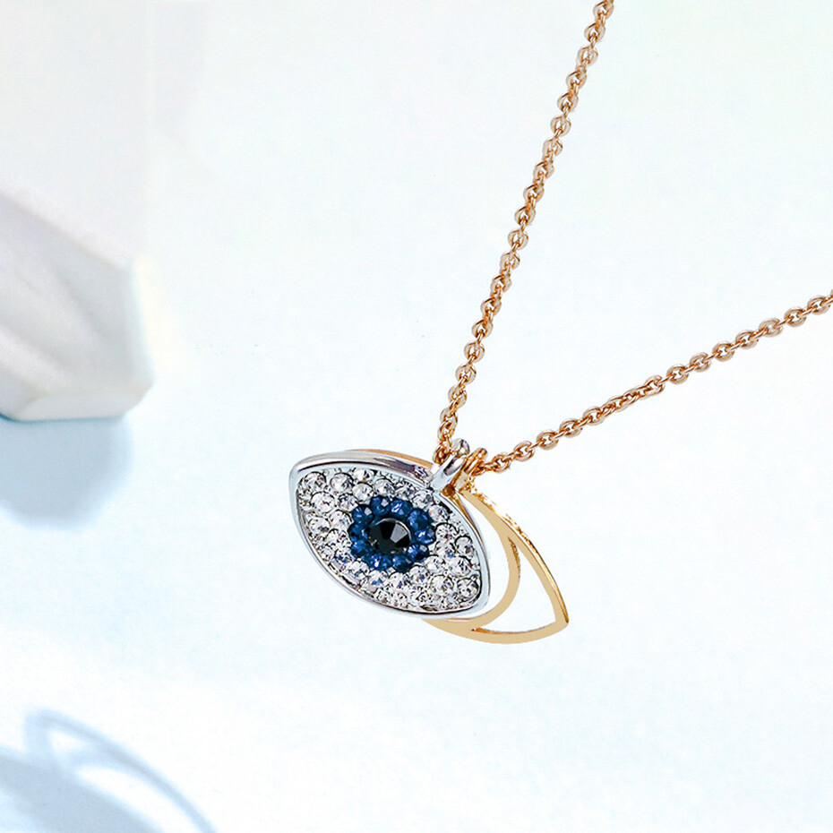 ZARD Women Duo Evil Eye CZ Pave Pendant Rose-Gold Tone Stainless Steel Necklace