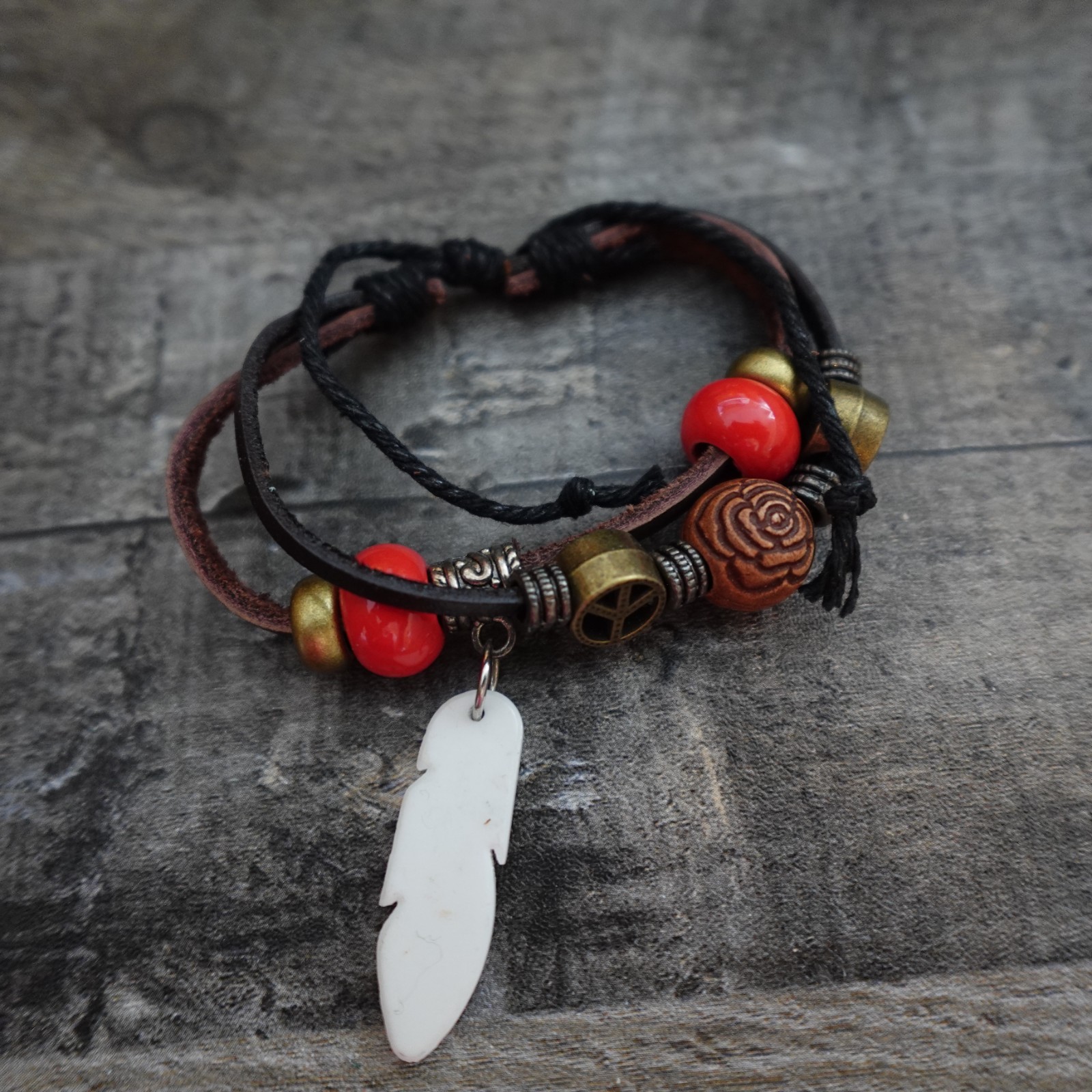 Audrey Personalized Boho Bracelet Leather Stacked Hippie Indie Name Red Beads