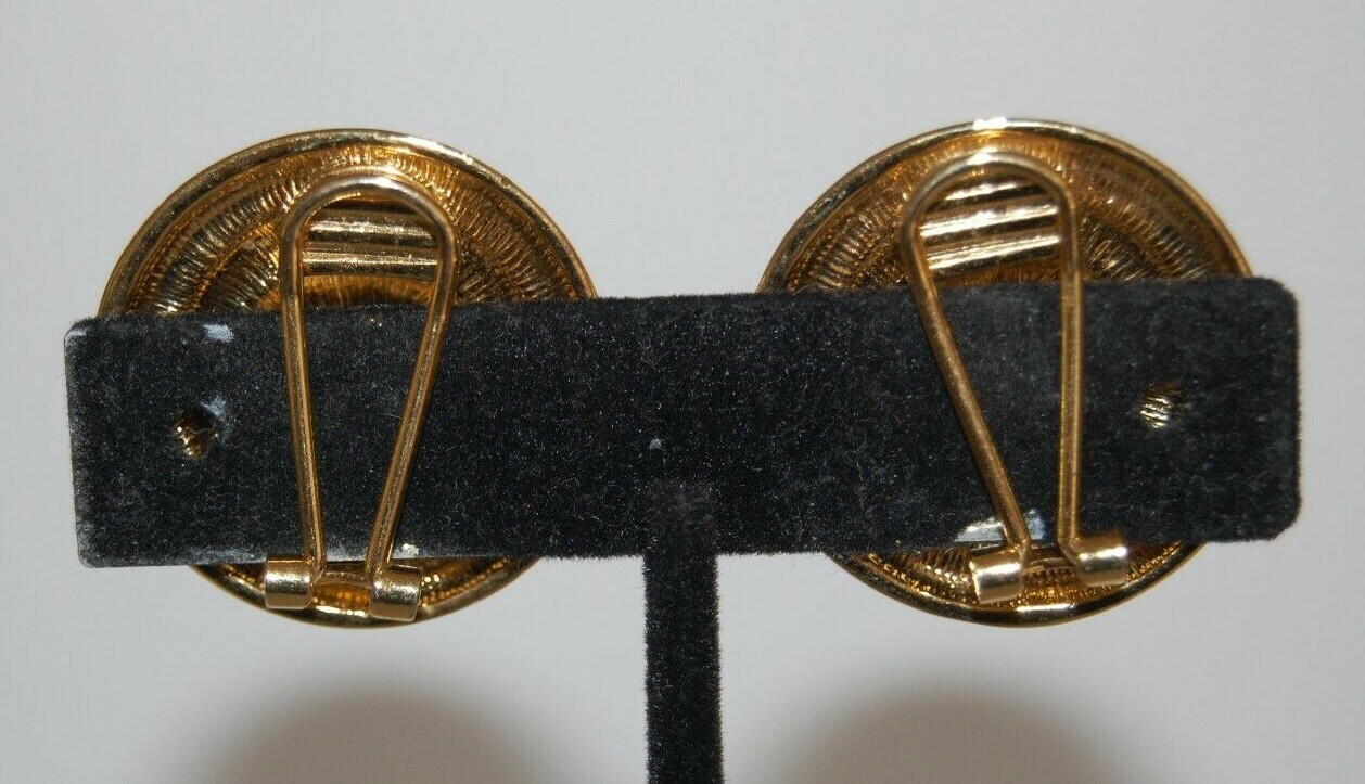 Liz Clairborne Couture Large Round Black Enamel Crest Logo Golden Clip Earrings