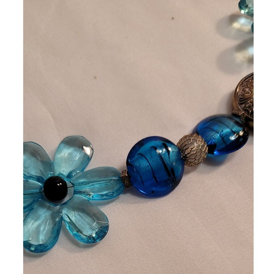 Blue Lucite Flowers Silver Medalian Black Beads Silver Mesh Beaded Necklace