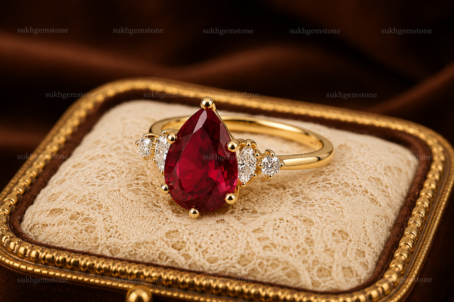 Lab Created Red Ruby Ring, Base Metal: Brass Finish: Gold Plated Gift for Her